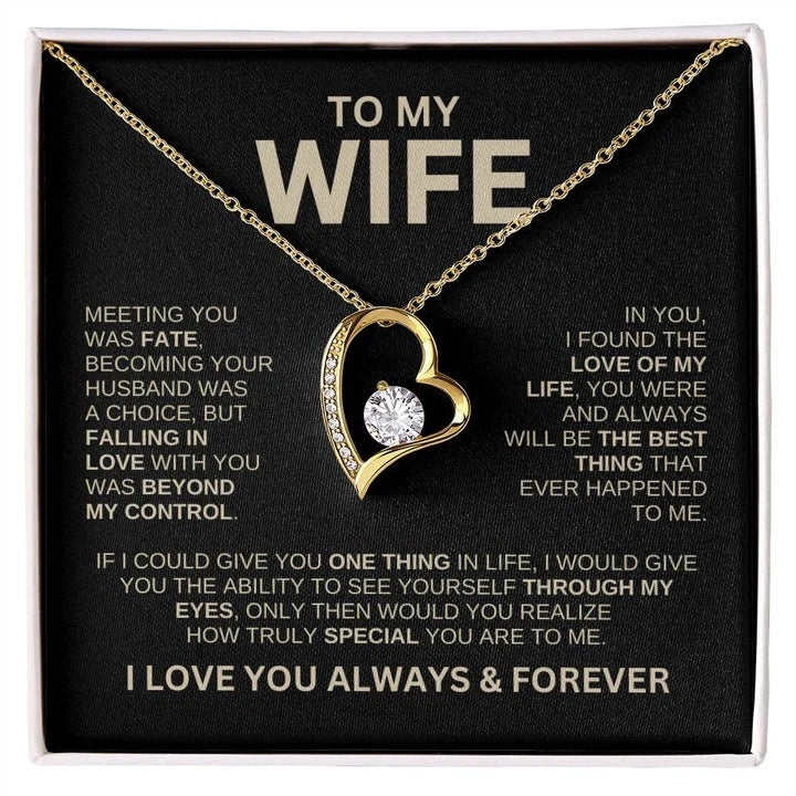 Heart-shaped Love Necklace in elegant gift box, perfect for wife, symbolizing love and affection, with options for silver or gold card and high-grade solid wood gift boxes.