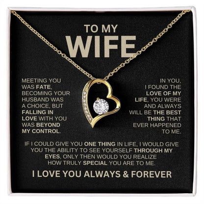 Heart-shaped Love Necklace in elegant gift box, perfect for wife, symbolizing love and affection, with options for silver or gold card and high-grade solid wood gift boxes.