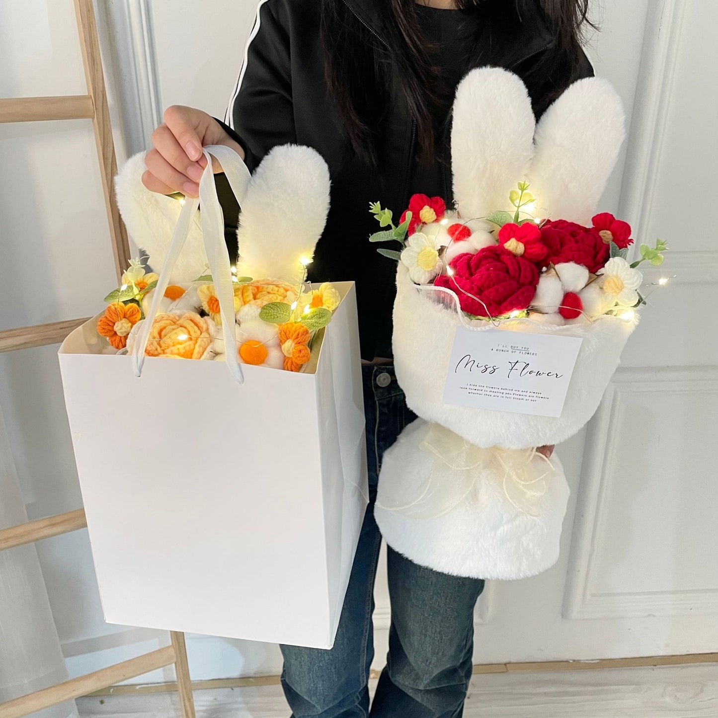 Rabbit Ears Bouquet – A colorful, playful cartoon bouquet in pink, blue, orange, and red with a cute handbag, perfect for holidays like New Year's, Women's Day, and more!