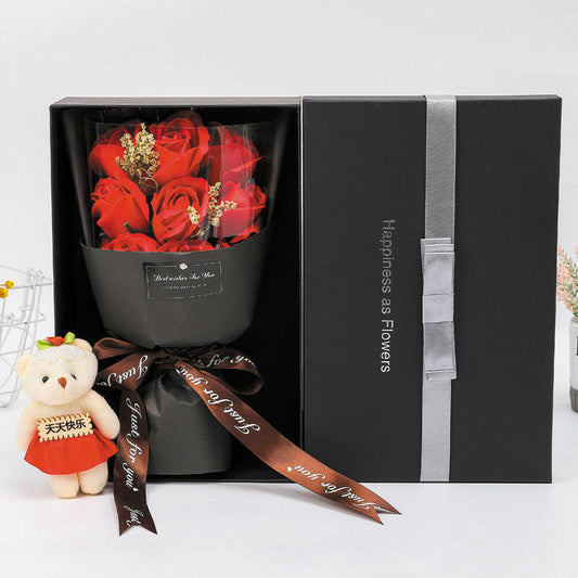 Soap flower bouquet with 9 flowers and 1 bear gift bag, available in red, pink, or blue, perfect for Teacher's Day or special occasions