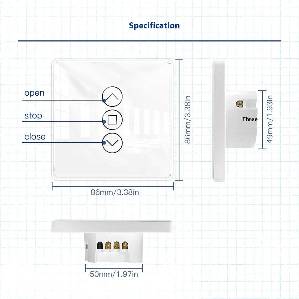 WiFi Smart Curtain with control panel, featuring a waterproof design, timing function, and 2.4GHz RF433 WiFi connectivity. Made with tempered glass and designed for indoor use, it offers smart automation for modern homes.