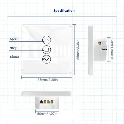 WiFi Smart Curtain with control panel, featuring a waterproof design, timing function, and 2.4GHz RF433 WiFi connectivity. Made with tempered glass and designed for indoor use, it offers smart automation for modern homes.