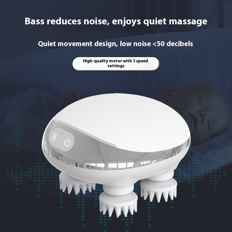 Octopus scalp massage instrument with 4 adjustable gears, USB-powered, available in three models: K113 (no base, no hot compress), K111 (with base and red hot compress), K112 (with base, microcurrent, and red hot compress). Comes with multilingual manuals in Chinese, English, and Japanese.