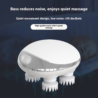 Octopus scalp massage instrument with 4 adjustable gears, USB-powered, available in three models: K113 (no base, no hot compress), K111 (with base and red hot compress), K112 (with base, microcurrent, and red hot compress). Comes with multilingual manuals in Chinese, English, and Japanese.