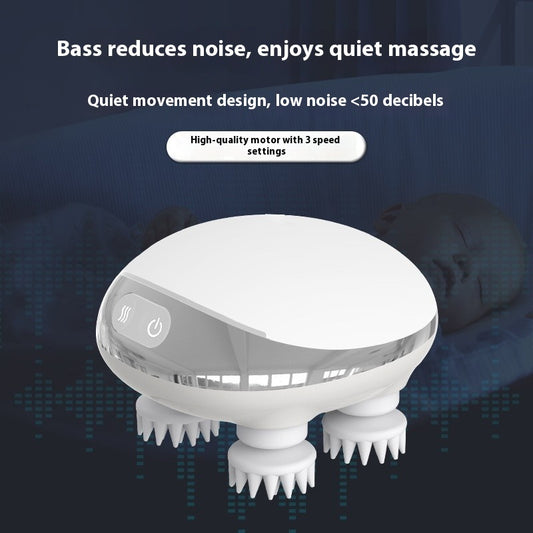 Octopus scalp massage instrument with 4 adjustable gears, USB-powered, available in three models: K113 (no base, no hot compress), K111 (with base and red hot compress), K112 (with base, microcurrent, and red hot compress). Comes with multilingual manuals in Chinese, English, and Japanese.