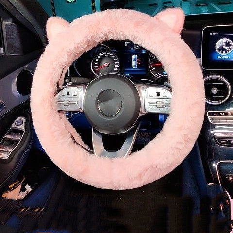 Plush cute car steering wheel cover in various designs including Yugui dog, Meidi, KT cat, and cat ears. Made from soft plush material, fits steering wheels with a 38cm diameter.