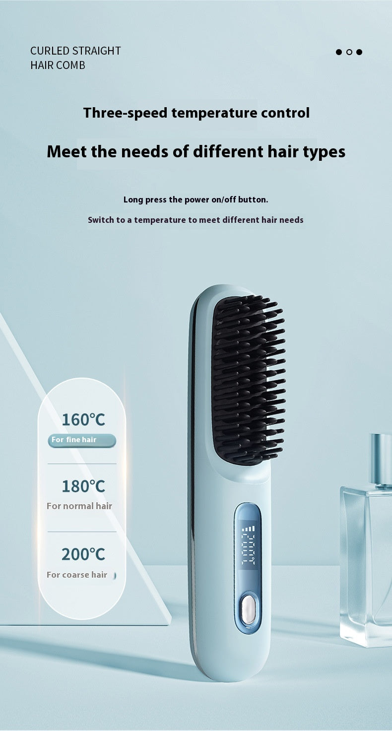 Portable wireless hair straightener in black/white with a sleek design, featuring a 4000mAh rechargeable battery, Type-C fast charging, and three-speed temperature control (160°C-200°C) for effortless styling on the go.