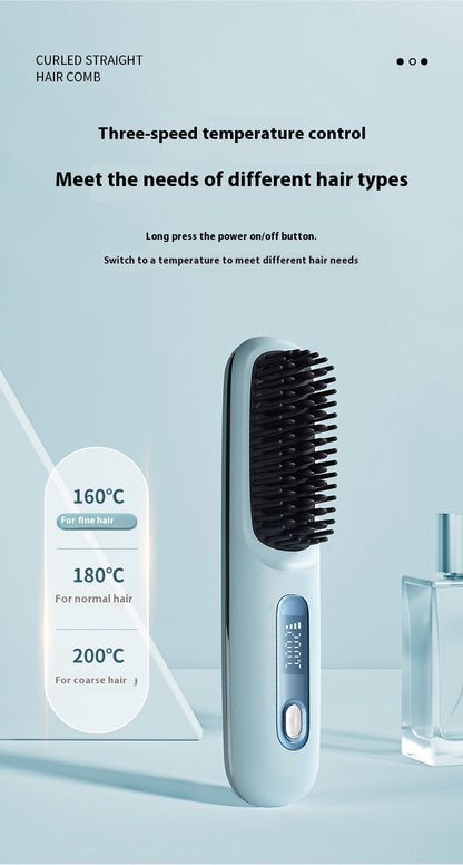 Portable wireless hair straightener in black/white with a sleek design, featuring a 4000mAh rechargeable battery, Type-C fast charging, and three-speed temperature control (160°C-200°C) for effortless styling on the go.