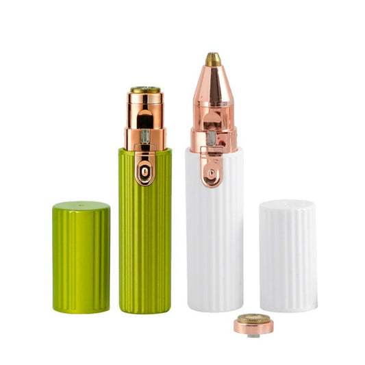 
A 2-in-1 electric eyebrow trimmer and epilator for women, featuring interchangeable heads for painless hair removal on the face, legs, bikini line, and other body areas.