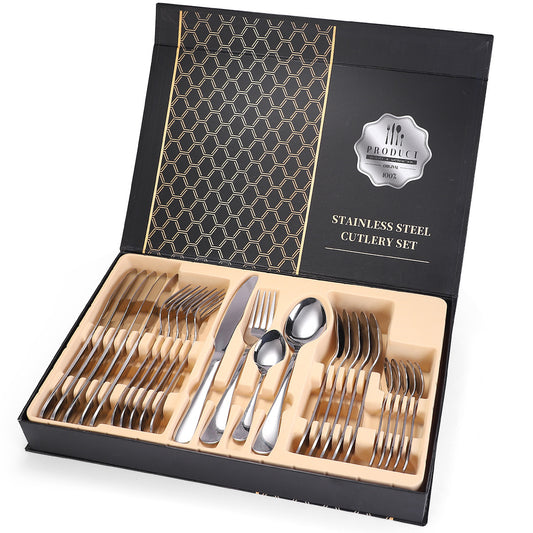 A 24-piece stainless steel cutlery set, made from durable 18/10 stainless steel, eco-friendly, BPA-free, and dishwasher safe. Includes forks, knives, spoons, and teaspoons.