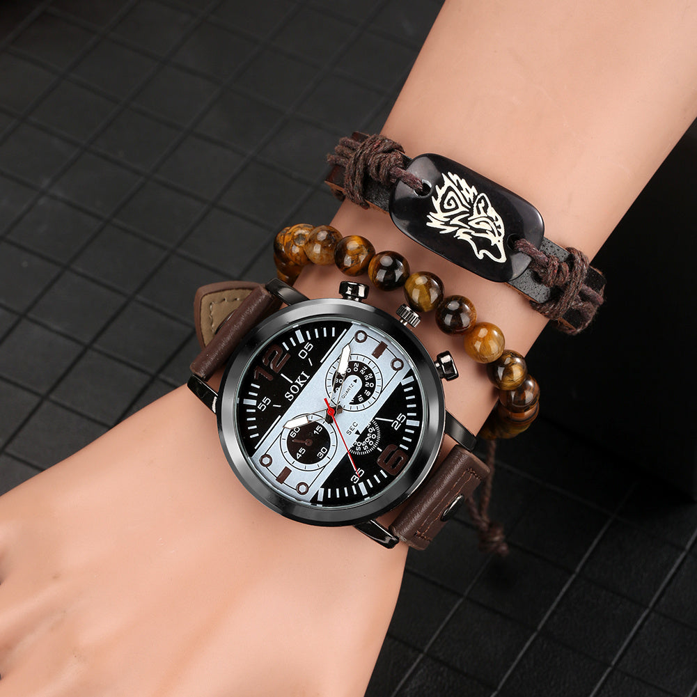 **Men's Quartz Watch & Bracelet Gift Set – Stylish & Timeless**  

A sleek **quartz watch** with a **42mm round dial**, **alloy strap**, and **stainless steel buckle**, paired with a fashionable bracelet. Designed for the modern man, this set is perfect for **everyday wear, special occasions, or gifting**. 🎁⌚✨