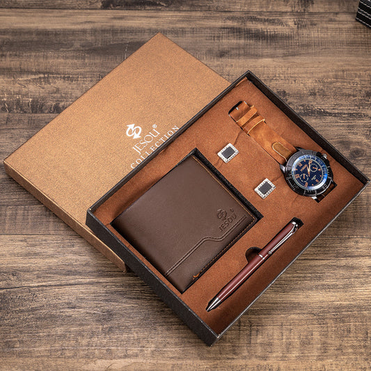 Men's casual watch set with a PU strap, quartz movement, and a stylish alloy case. Featuring a 40mm dial, waterproof up to 10m, and an elegant pin buckle clasp.