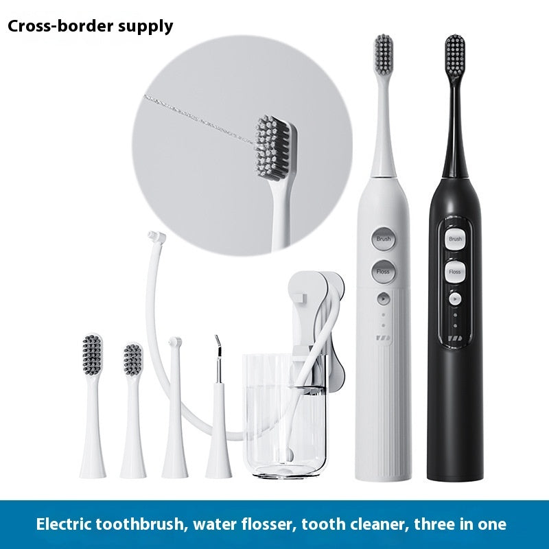 Three-in-one waterproof smart electric toothbrush and oral irrigator in multiple colors (Q1 White, Q1 Black, Q2 White, Q2 Pink), featuring a rechargeable power type, magnetic suspension motor, and over 5 gear settings for customizable cleaning.
