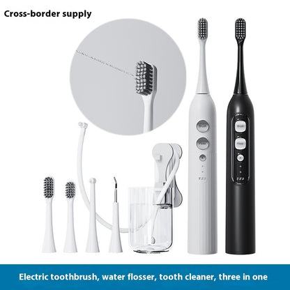 Three-in-one waterproof smart electric toothbrush and oral irrigator in multiple colors (Q1 White, Q1 Black, Q2 White, Q2 Pink), featuring a rechargeable power type, magnetic suspension motor, and over 5 gear settings for customizable cleaning.