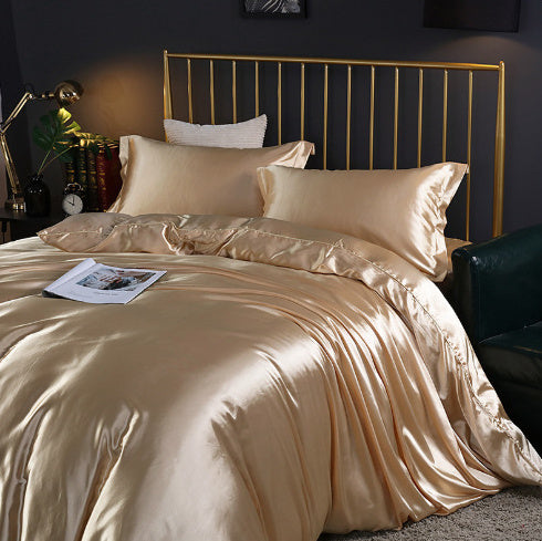 **Solid Color Double-Sided Silk Satin Bed Sheet Set – Luxurious & Soft**  

A **premium silk** **four-piece bedding set** with a **smooth satin finish**, **tassel weaving**, and **reactive dyeing** for long-lasting color. Ultra-soft, breathable, and stylish—perfect for a luxurious sleep experience. 🛏✨
