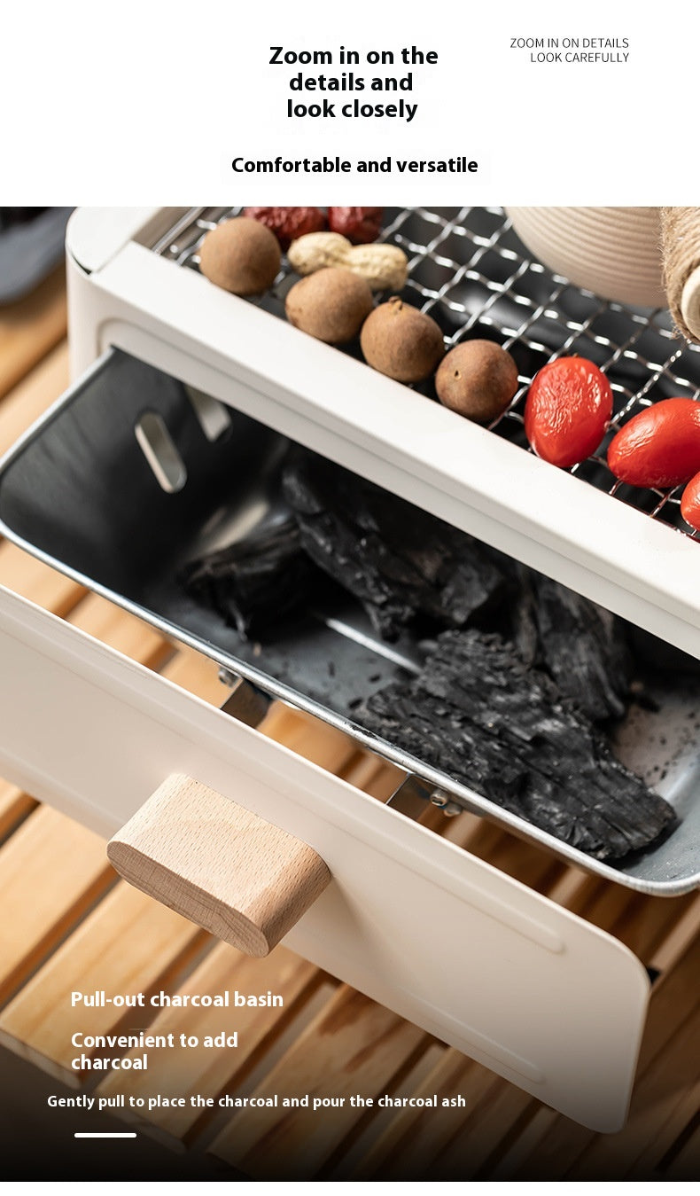 "Square Barbecue Oven-Grill – A white, alloy-constructed grill designed for 3-5 people, featuring a split-type structure, carbon fuel compatibility, and includes a charcoal plate and grill net. Perfect for outdoor gatherings and cookouts."