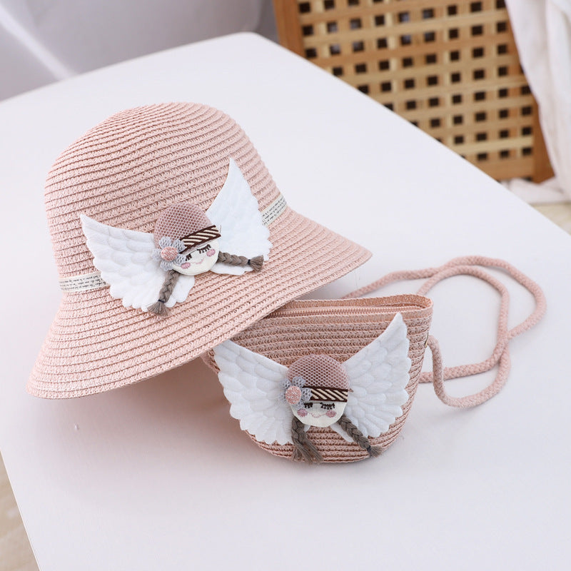 Adorable children's straw hat and matching bag set, featuring a wide-brimmed dome top hat with flat eaves and floral details. Made for ages 2-8, perfect for sunny outdoor adventures.