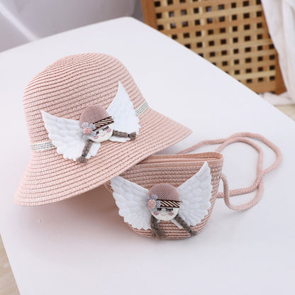Adorable children's straw hat and matching bag set, featuring a wide-brimmed dome top hat with flat eaves and floral details. Made for ages 2-8, perfect for sunny outdoor adventures.
