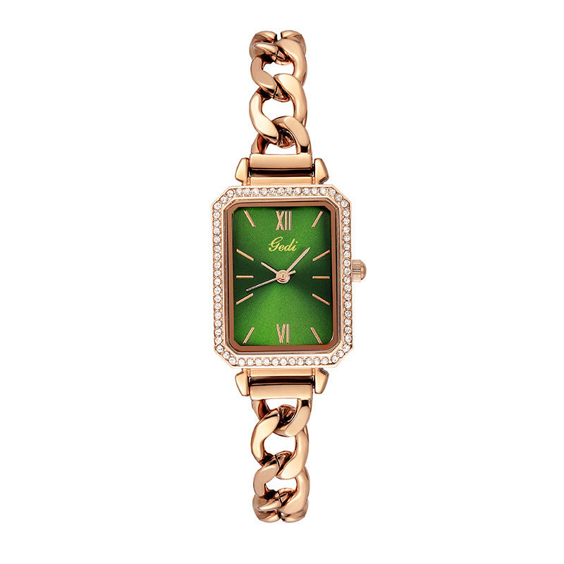 Luxury ladies watch featuring a sleek square dial with a choice of red, gold plate, starry sky black, or small green color options. The 8mm thick watch boasts a mineral reinforced glass mirror, a jewelry buckle, and a stainless steel back for durability and style.