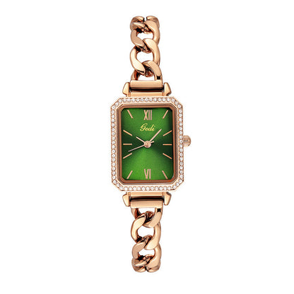 Luxury ladies watch featuring a sleek square dial with a choice of red, gold plate, starry sky black, or small green color options. The 8mm thick watch boasts a mineral reinforced glass mirror, a jewelry buckle, and a stainless steel back for durability and style.