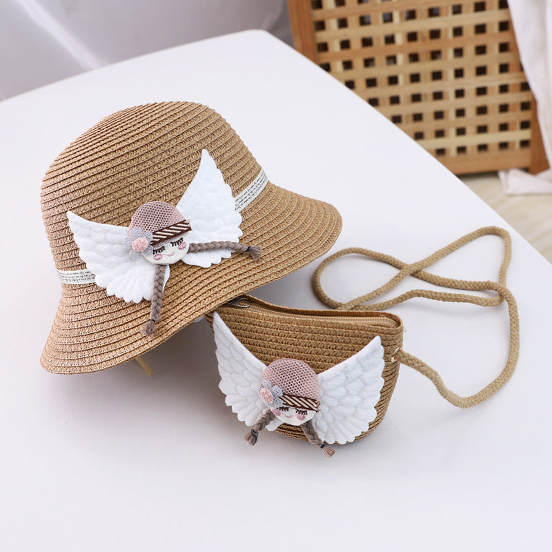 Adorable children's straw hat and matching bag set, featuring a wide-brimmed dome top hat with flat eaves and floral details. Made for ages 2-8, perfect for sunny outdoor adventures.