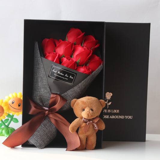 Rose bouquet gift set with soap flowers, including a cute bear and a gift bag, perfect for special occasions like Valentine's Day, Mother's Day, or birthdays