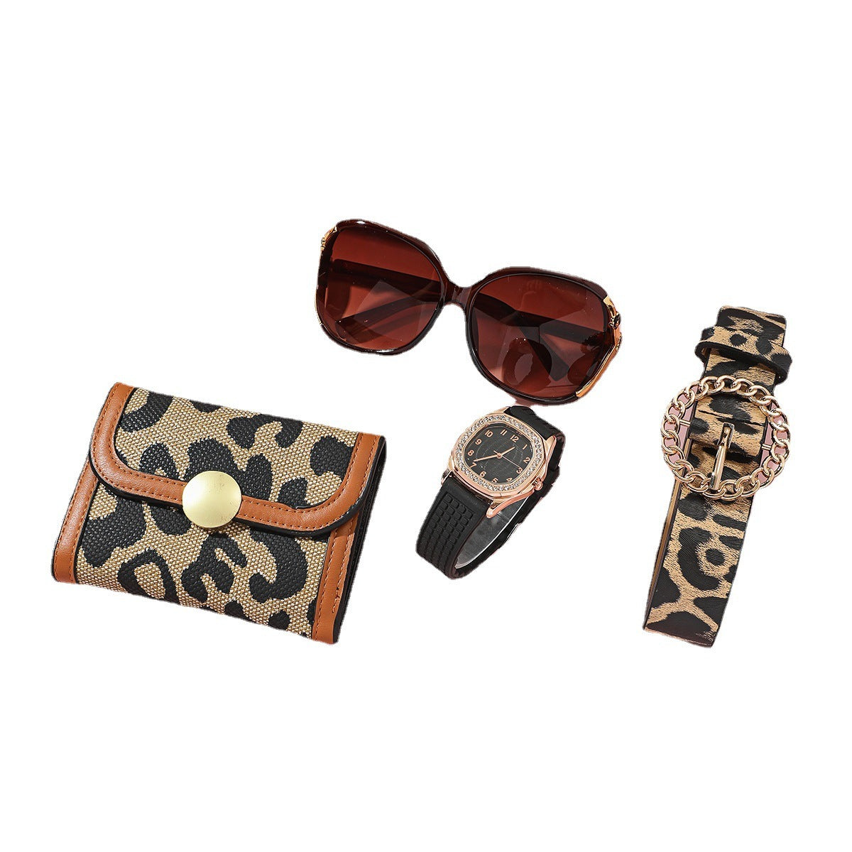Women's elegant jewelry set including a quartz movement watch with a 35mm dial, leather belt, glasses, wallet, and packaging box, available in diamond, square, or round watch packages.
