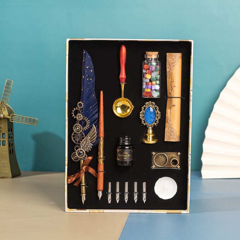 **Business Gift Box Pen Set – Elegant & Crafty 🖋️** A **retro punk-style** pen set with high-quality materials like **brass pen holders**, **natural feathers**, and **wooden components**. Includes **1 feather pen**, **1 wooden dip pen**, **1 candle**, **1 seal**, **1 bottle of wax particles**, **5 replacement tips**, and more, all neatly packaged in a gift box. Available in colors like **wine red, navy blue, black**, and **white**—perfect for gifting or enhancing your workspace. 📜🎁