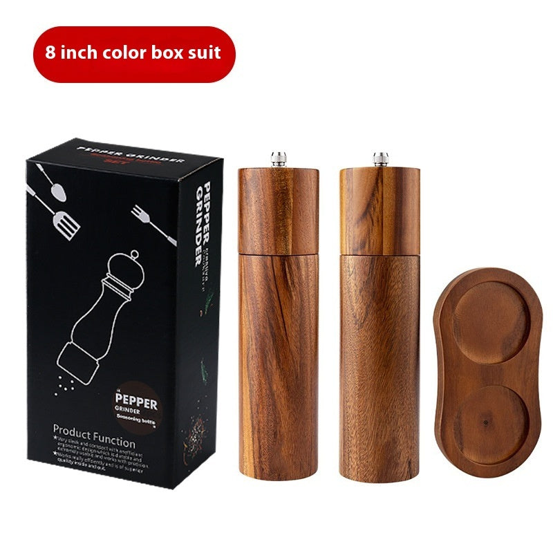 Acacia Mangium 8-inch manual pepper grinder with a ceramic grinding mechanism, available in single, 2-piece, or 3-piece sets. Modern, minimalist design with color box packaging.