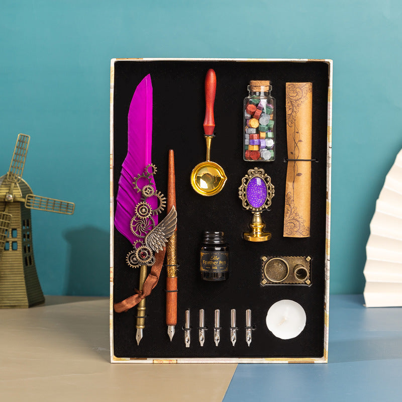 **Business Gift Box Pen Set – Elegant & Crafty 🖋️** A **retro punk-style** pen set with high-quality materials like **brass pen holders**, **natural feathers**, and **wooden components**. Includes **1 feather pen**, **1 wooden dip pen**, **1 candle**, **1 seal**, **1 bottle of wax particles**, **5 replacement tips**, and more, all neatly packaged in a gift box. Available in colors like **wine red, navy blue, black**, and **white**—perfect for gifting or enhancing your workspace. 📜🎁