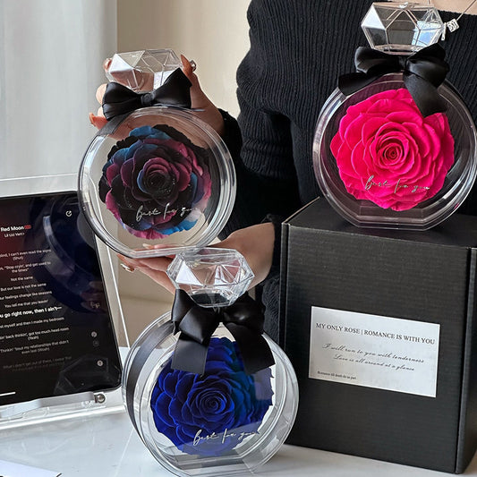 **Rose Gift Box Home Decor – Elegant & Charming 🌹** A stylish **dried flower** arrangement in a **plastic bottle**, available in colors like **Red**, **Pink**, **Sapphire Blue**, and more. Perfect for **Valentine's Day**, **Mother's Day**, and other special occasions. **10x6x14cm**. 🎁
