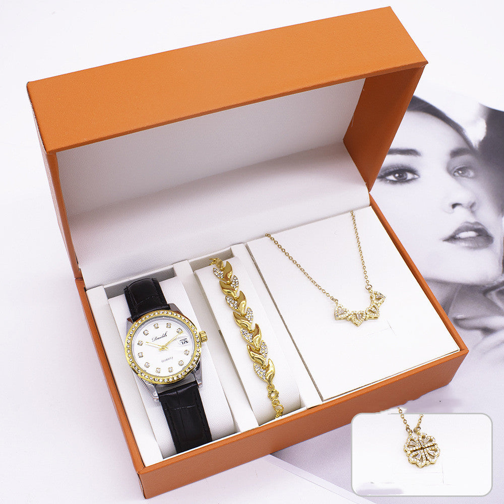 Elegant women's three-piece gift set featuring a luminous quartz watch, a necklace, and a bracelet. The set includes stylish accessories with a horseshoe buckle, alloy case, and imitation leather strap. Perfect for gifting!