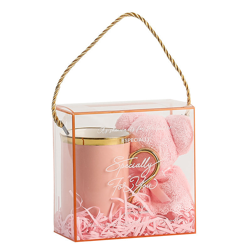 Home Creative Companion Gift Set – Elegant ceramic cup, towel bear, raffles, and gift box in light luxury pink, blue, and letter designs. Perfect for gifting!