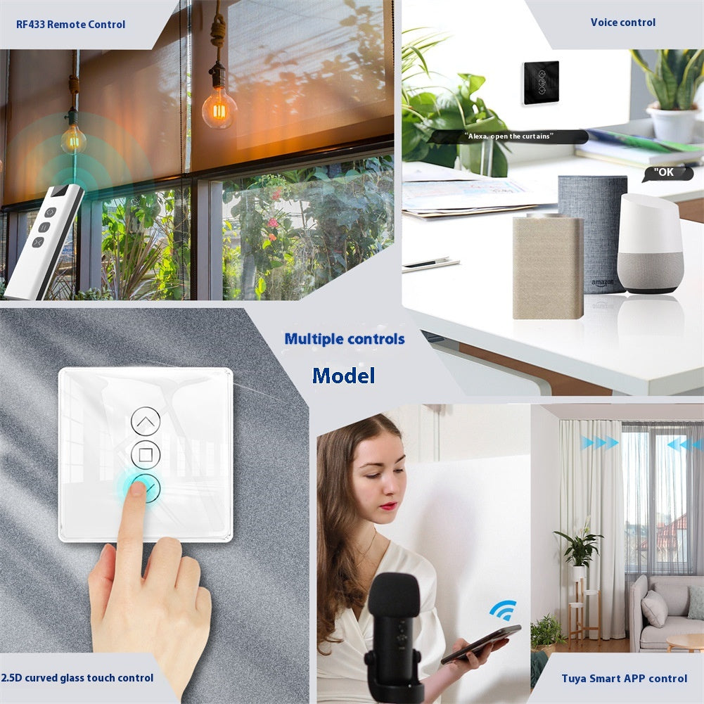 WiFi Smart Curtain with control panel, featuring a waterproof design, timing function, and 2.4GHz RF433 WiFi connectivity. Made with tempered glass and designed for indoor use, it offers smart automation for modern homes.