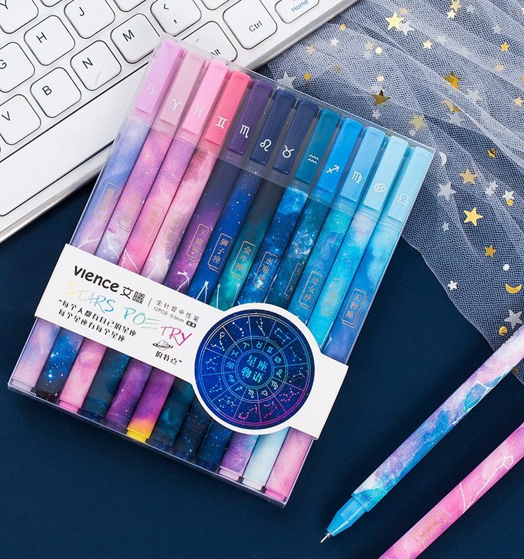 Twelve constellation gel pen set featuring 12 pens with unique zodiac designs, made of plastic and packaged in a plastic outer box, perfect for writing and gifting.