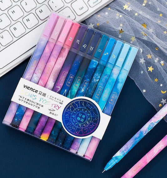 Twelve constellation gel pen set featuring 12 pens with unique zodiac designs, made of plastic and packaged in a plastic outer box, perfect for writing and gifting.