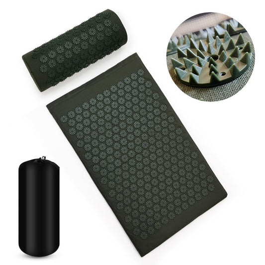 Acupuncture Massage Cushion & Pillow Set with Yoga Mat in green and navy blue, made from cotton, ABS, and sponge materials. Provides relaxation and stress relief.