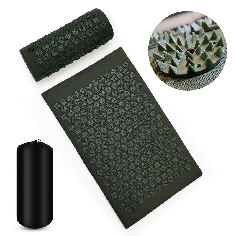 Acupuncture Massage Cushion & Pillow Set with Yoga Mat in green and navy blue, made from cotton, ABS, and sponge materials. Provides relaxation and stress relief.