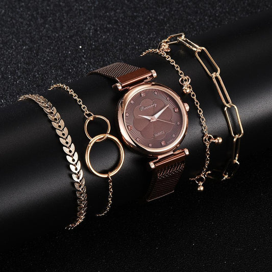 Bracelet and strap watch set featuring a simple, casual, and fashionable design with an alloy strap, magnet buckle clasp, and an elegant matching bracelet.