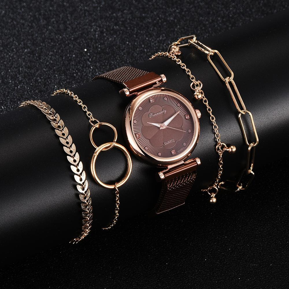 Bracelet and strap watch set featuring a simple, casual, and fashionable design with an alloy strap, magnet buckle clasp, and an elegant matching bracelet.