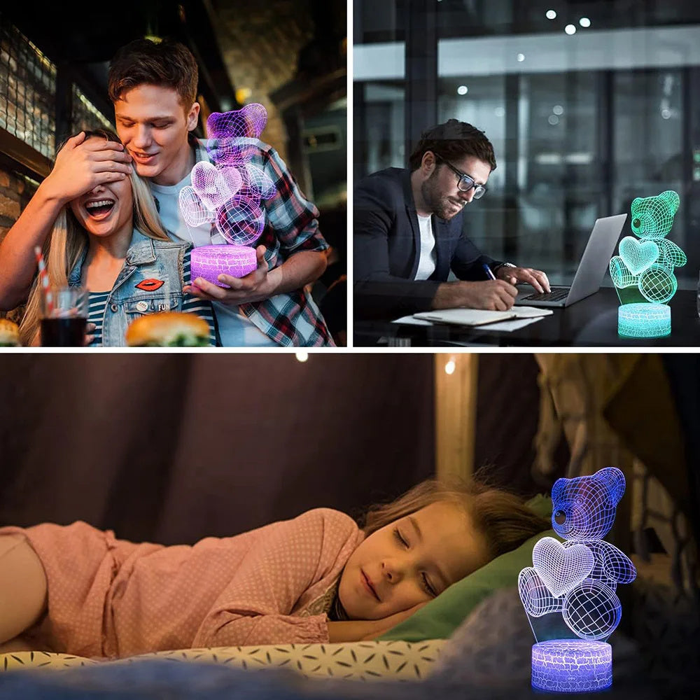 
3D Teddy Bear LED Night Light with 16 color options, touch and remote control, made from acrylic material. Powered by USB or batteries, perfect for kids' room decor.