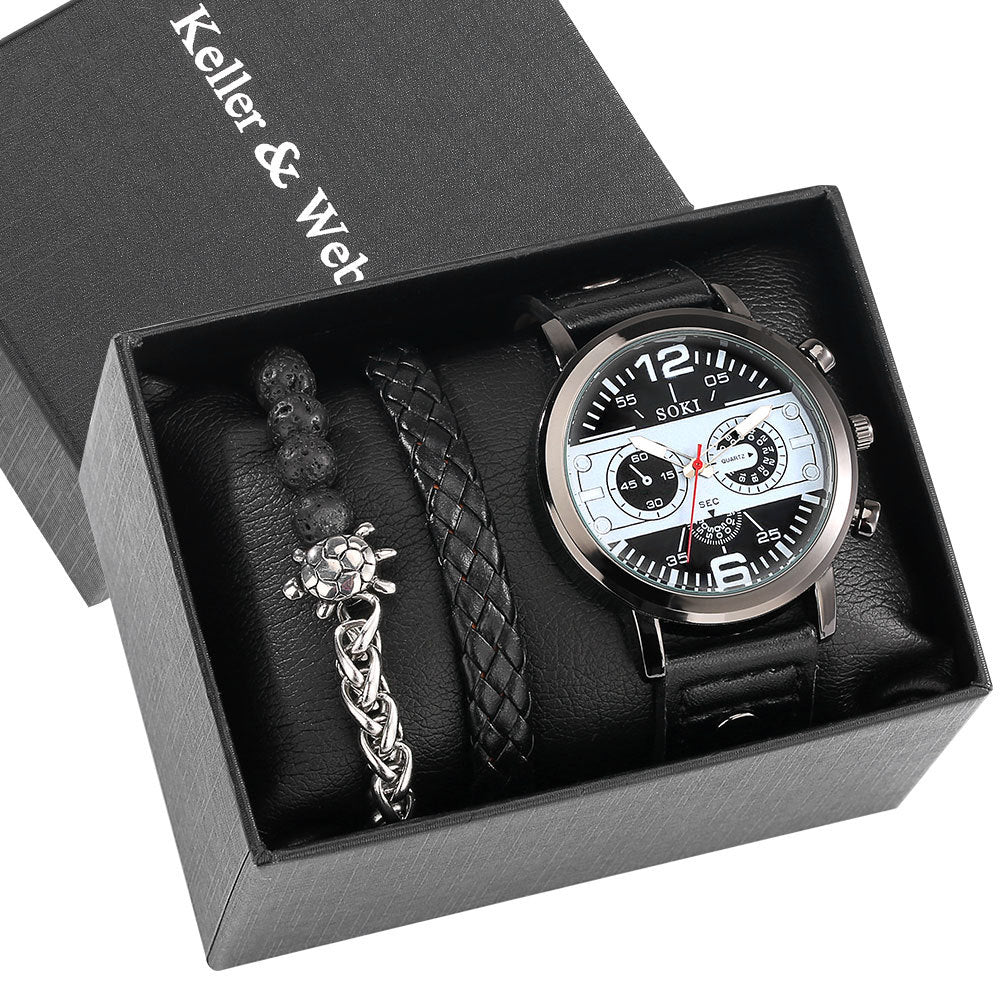 **Men's Quartz Watch & Bracelet Gift Set – Stylish & Timeless**  

A sleek **quartz watch** with a **42mm round dial**, **alloy strap**, and **stainless steel buckle**, paired with a fashionable bracelet. Designed for the modern man, this set is perfect for **everyday wear, special occasions, or gifting**. 🎁⌚✨