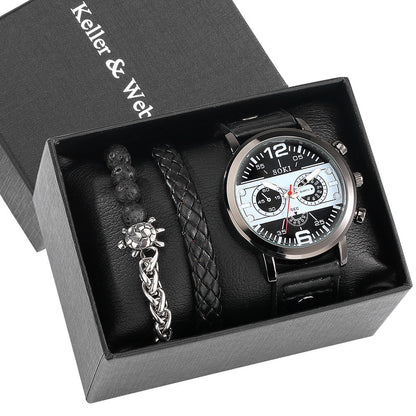 **Men's Quartz Watch & Bracelet Gift Set – Stylish & Timeless**  

A sleek **quartz watch** with a **42mm round dial**, **alloy strap**, and **stainless steel buckle**, paired with a fashionable bracelet. Designed for the modern man, this set is perfect for **everyday wear, special occasions, or gifting**. 🎁⌚✨
