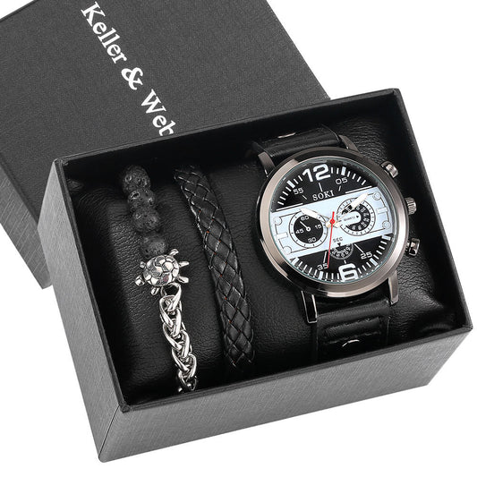 **Men's Quartz Watch & Bracelet Gift Set – Stylish & Timeless**  

A sleek **quartz watch** with a **42mm round dial**, **alloy strap**, and **stainless steel buckle**, paired with a fashionable bracelet. Designed for the modern man, this set is perfect for **everyday wear, special occasions, or gifting**. 🎁⌚✨