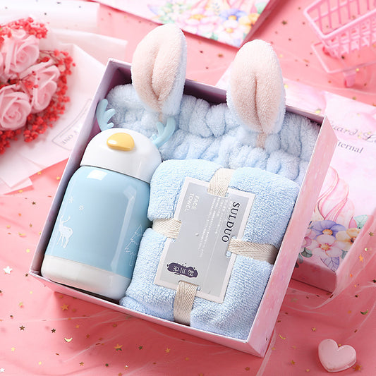 Birthday Cute Gift Set featuring coral fleece towels, matching hair bands, and optional glass cups, umbrellas, or eye masks in various stylish combinations.