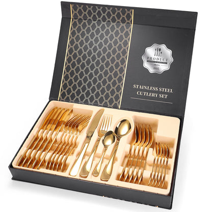 A 24-piece stainless steel cutlery set, made from durable 18/10 stainless steel, eco-friendly, BPA-free, and dishwasher safe. Includes forks, knives, spoons, and teaspoons.