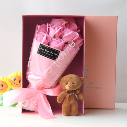 Rose bouquet gift set with soap flowers, including a cute bear and a gift bag, perfect for special occasions like Valentine's Day, Mother's Day, or birthdays