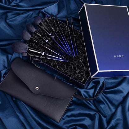 Blue 10-piece makeup brush set featuring soft nylon wool bristles, plastic handles, and a stylish gift box or envelope package, perfect for professional and everyday use.