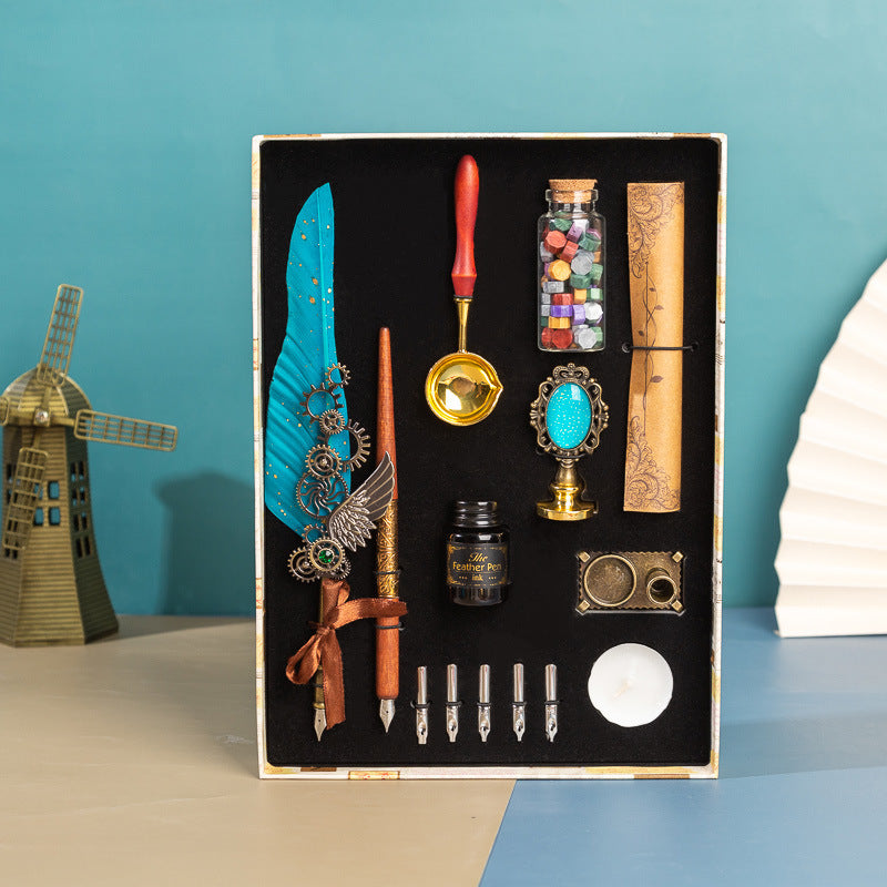 **Business Gift Box Pen Set – Elegant & Crafty 🖋️** A **retro punk-style** pen set with high-quality materials like **brass pen holders**, **natural feathers**, and **wooden components**. Includes **1 feather pen**, **1 wooden dip pen**, **1 candle**, **1 seal**, **1 bottle of wax particles**, **5 replacement tips**, and more, all neatly packaged in a gift box. Available in colors like **wine red, navy blue, black**, and **white**—perfect for gifting or enhancing your workspace. 📜🎁