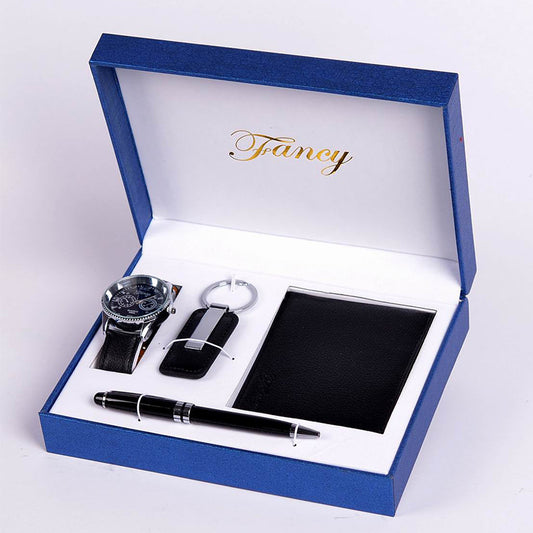 "Men's Wallet Gift Set with Wallet, Alloy Watch, Keychain, and Pen – Stylish Business Gift Set in Black with Stripes, Suitable for Anniversaries, Promotions, and More."